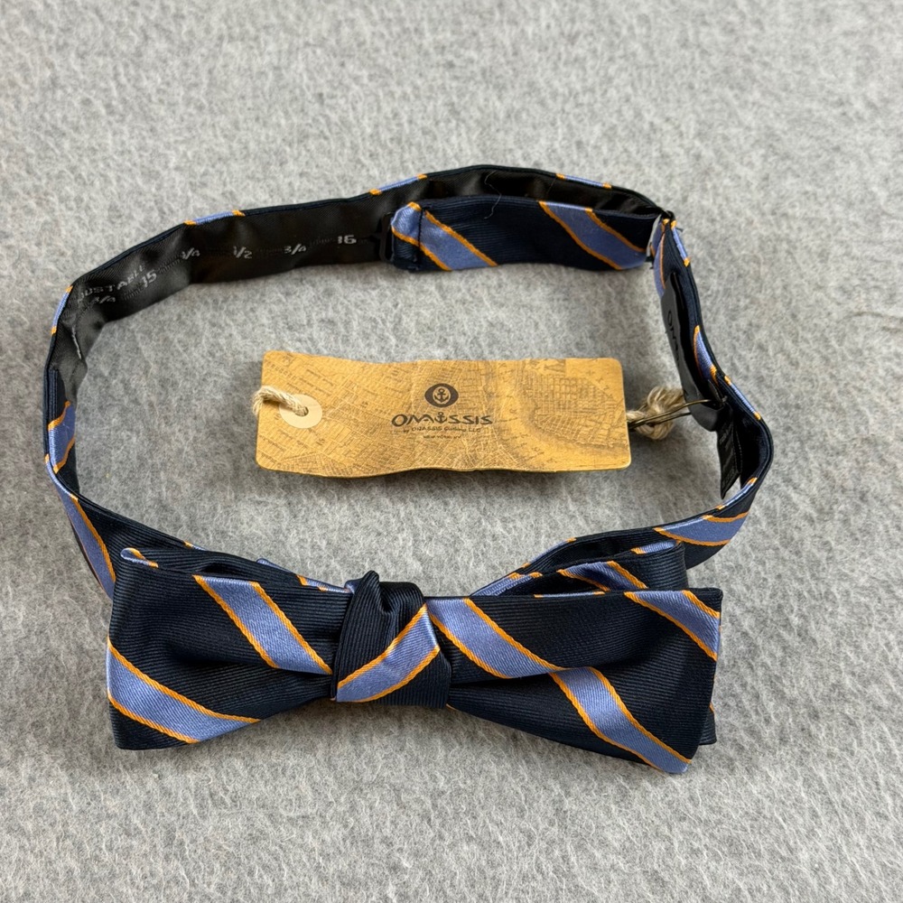 Onassis Chester Silk Skinny Bow Tie Navy Blue Orange Striped NEW 2x14-18"